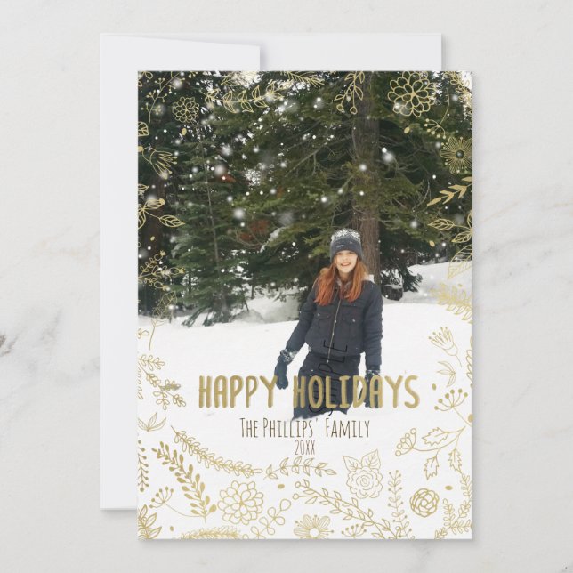 Happy Holidays Gold Floral Leaves Rustic Photo Holiday Card (Front)