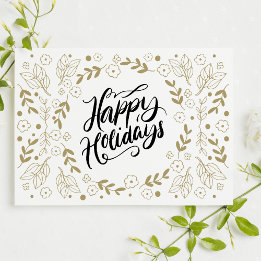 Happy Holidays Gold Floral with Branches & Blooms Holiday Card