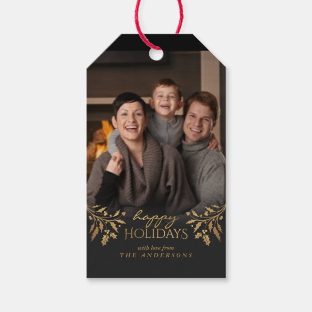 Happy Holidays Gold Foil Christmas Holly Photo Tag (Front)
