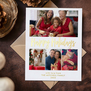 Happy Holidays Gold Foil Multi Photo Grid Foil Holiday Postcard