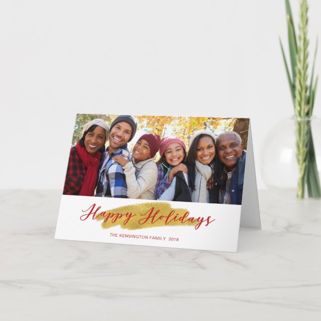 Happy Holidays Gold Foil Tree Christmas Photo Holiday Card (Front)