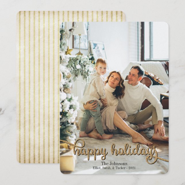 Happy Holidays Gold Glitter Photo Christmas Holiday Card (Front/Back)