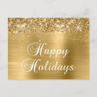 Happy Holidays Gold Glittery Faux Foil Holiday Postcard