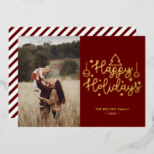 Happy Holidays Gold Lettering Christmas Photo Foil Foil Holiday Card