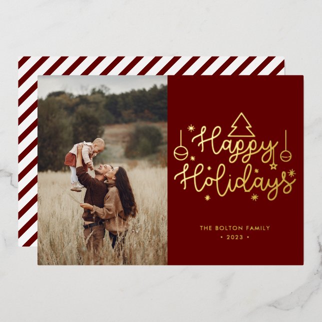 Happy Holidays Gold Lettering Christmas Photo Foil Foil Holiday Card (Front/Back)