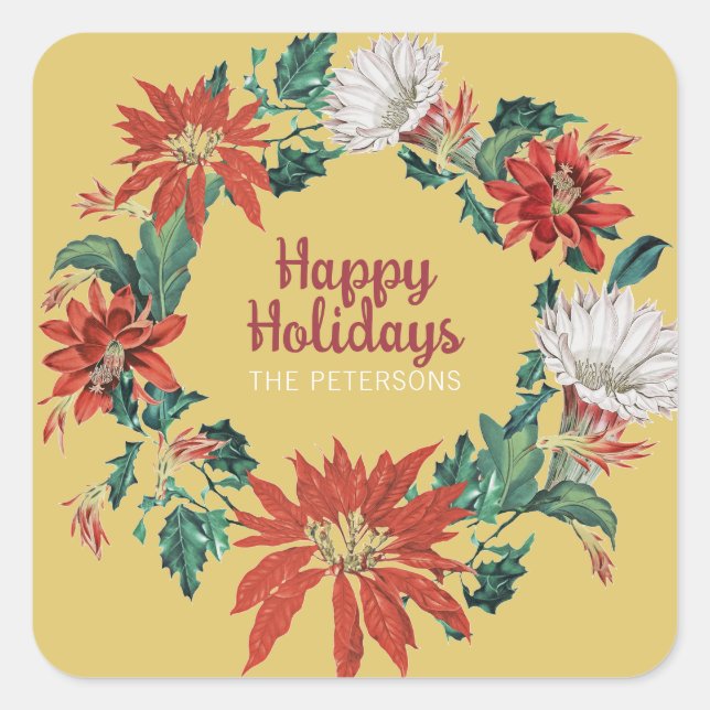 Happy Holidays Gold Name Floral Poinsettia Wreath Square Sticker (Front)