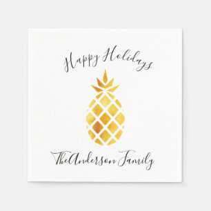 Happy Holidays gold pineapple white name Napkin