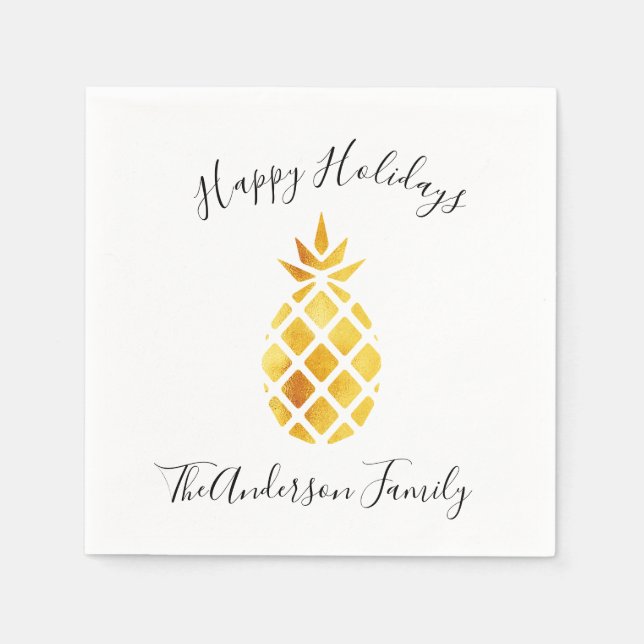 Happy Holidays gold pineapple white name Napkin (Front)