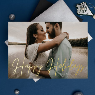Happy Holidays Gold Pressed Hand Written Photo Foil Holiday Card