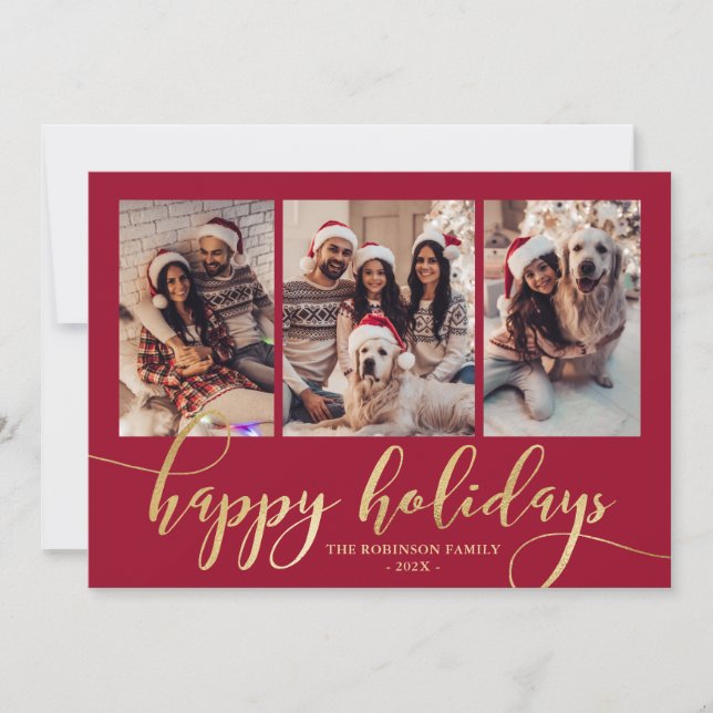 Happy Holidays Gold Script 3 Photo Collage Red  Holiday Card (Front)