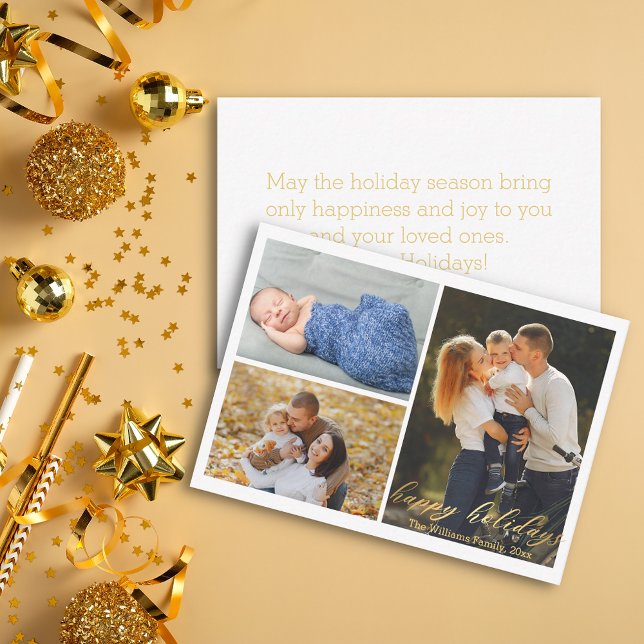 happy holidays gold script  3 photos collage  card (Creator Uploaded)