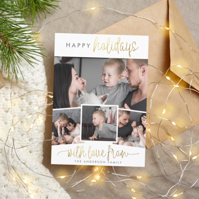 Happy Holidays | Gold Script & 4 Photos Christmas Holiday Card (Creator Uploaded)