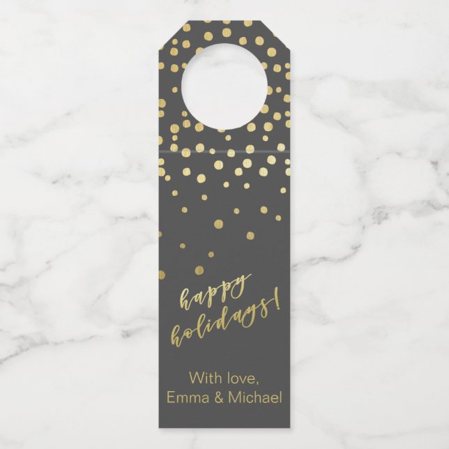 Happy Holidays - Gold Script & Confetti Bottle Tag (Front)