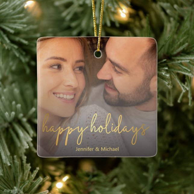 happy holidays gold script couple photo ceramic ornament (Tree)