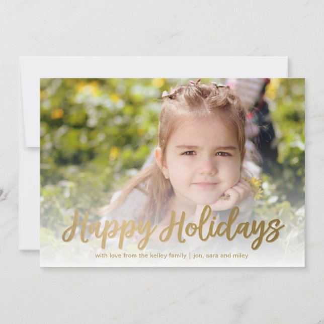 Happy Holidays Gold Script Holiday Full Photo Card (Front)
