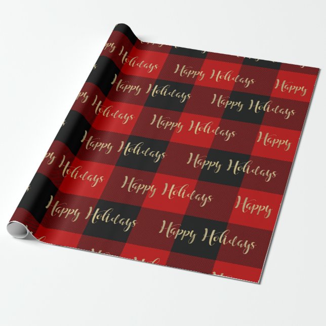 Happy Holidays Gold Script Red Buffalo Plaid Wrapping Paper (Unrolled)