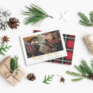 Happy holidays gold script red tartan christmas holiday card