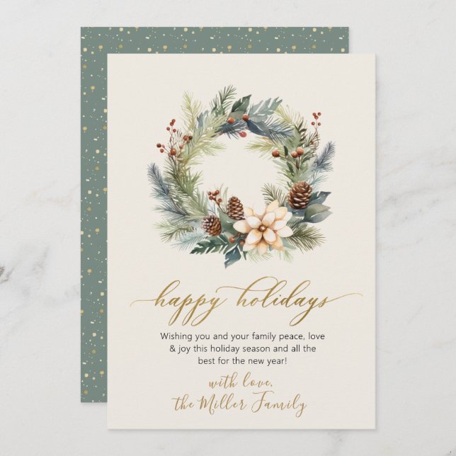 Happy Holidays Gold Script Wreath Greenery Card (Front/Back)
