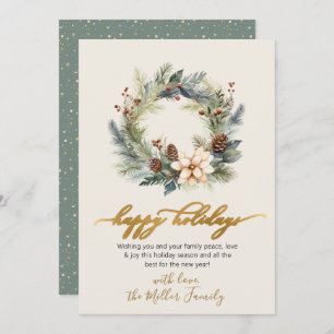 Happy Holidays Gold Script Wreath Greenery Card