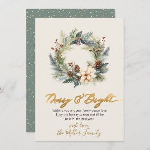 Happy Holidays Gold Script Wreath Greenery Card