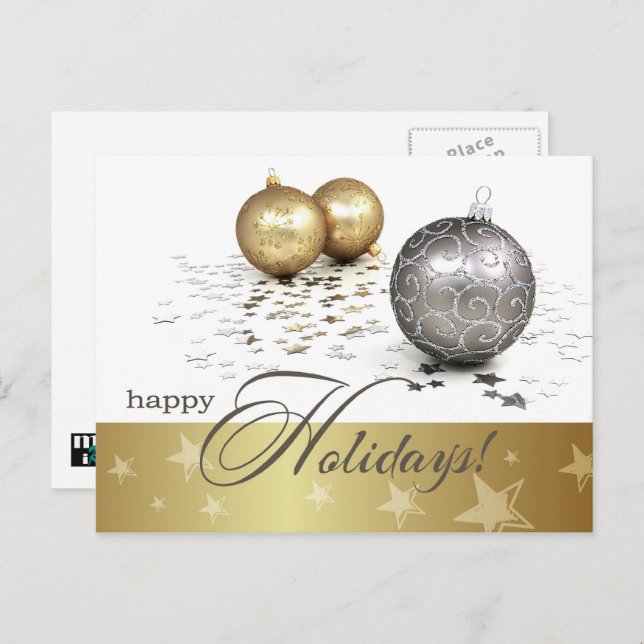 Happy Holidays. Gold & Silver Baubles  Holiday Postcard (Front/Back)