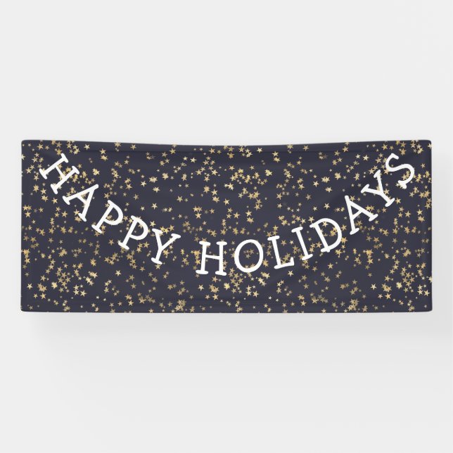 Happy Holidays Gold Stars Navy Blue Christmas Banner (Horizontal)