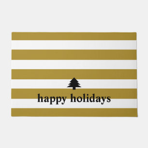 Happy Holidays Gold Striped Christmas Doormat
