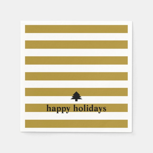 Happy Holidays Gold Stripes Christmas Napkin (Front)