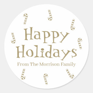 Happy Holidays gold white custom name gift favour  Classic Round Sticker