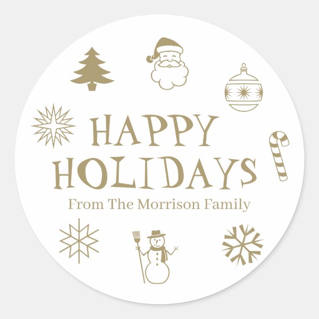 Happy Holidays gold white custom name gift favour  Classic Round Sticker (Front)