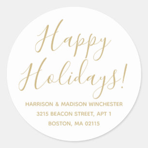 Happy Holidays gold white script return address Classic Round Sticker