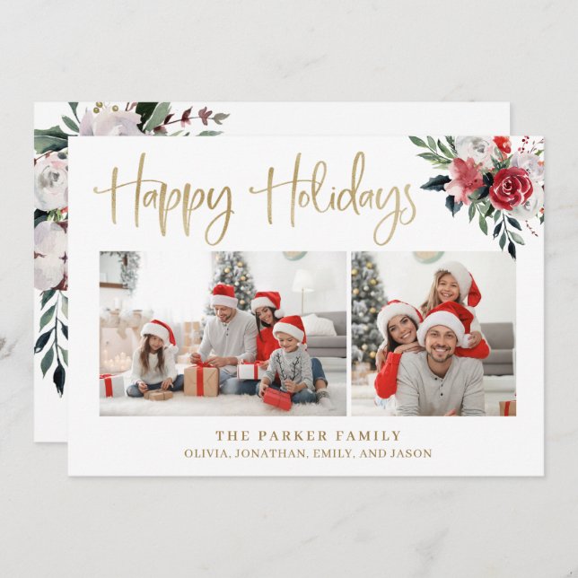 Happy Holidays | Gold with Two Photos and Flowers Holiday Card (Front/Back)