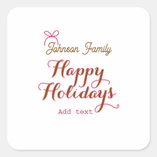 Happy holidays golden pink bow family name name tr square sticker
