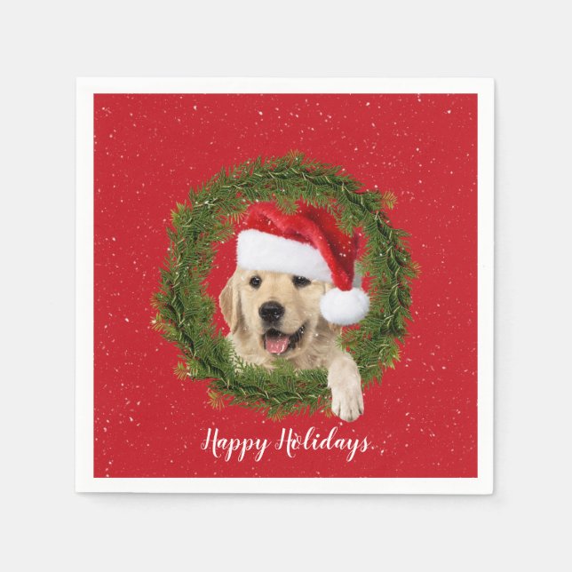 Happy Holidays Golden Retriever in wreath Napkin (Front)
