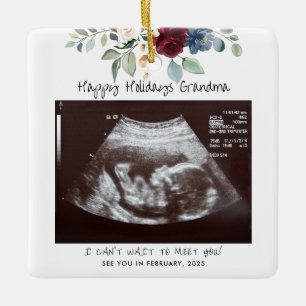 Happy Holidays Grandma Pregnancy Sonogram Floral Ceramic Ornament
