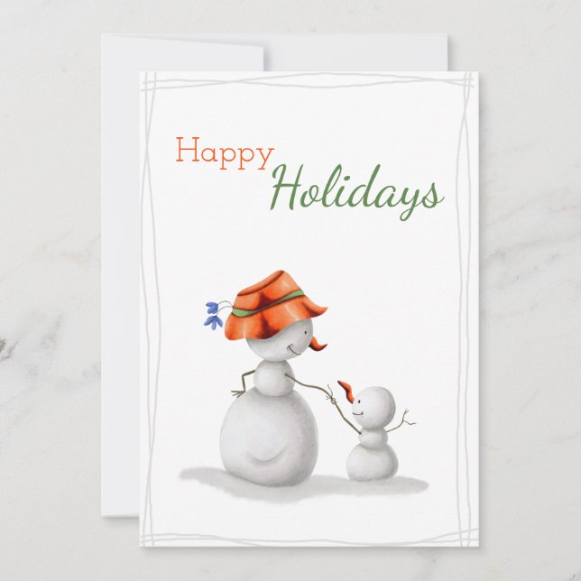 Happy Holidays Grandma Snowman and Kid Christmas Holiday Card (Front)