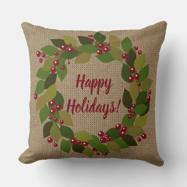 Happy Holidays! | Green and Red Wreath Holiday Cushion (Front)