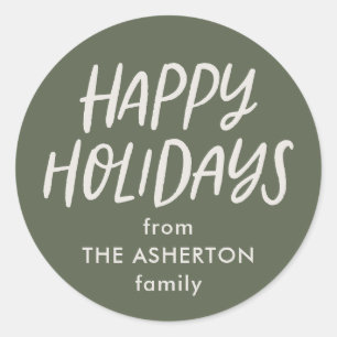 Happy holidays green beige simple gift classic round sticker