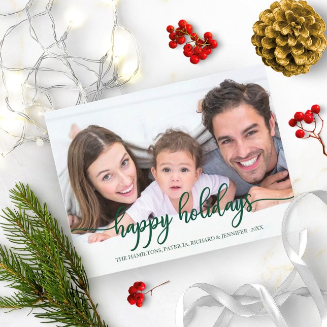 Happy Holidays Green Calligraphy Photo Christmas Postcard (Creator Uploaded)