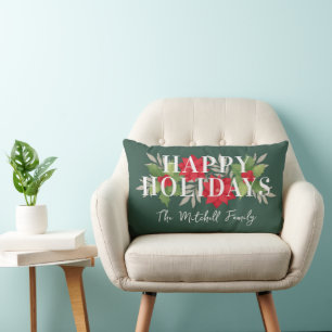 Happy Holidays Green Christmas Floral Family Name Lumbar Cushion