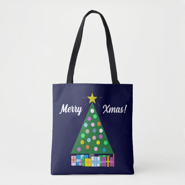 Happy Holidays Green Christmas Tree: Dark Blue Tote Bag (Front)