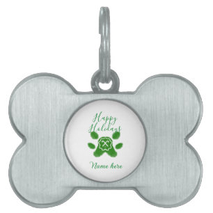 Happy holidays green dog pet paw candy cane animal ID tag
