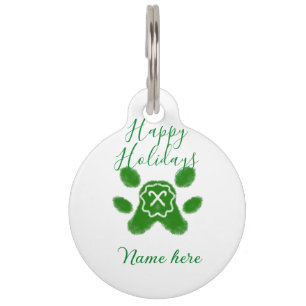 Happy holidays green dog pet paw candy cane animal tag