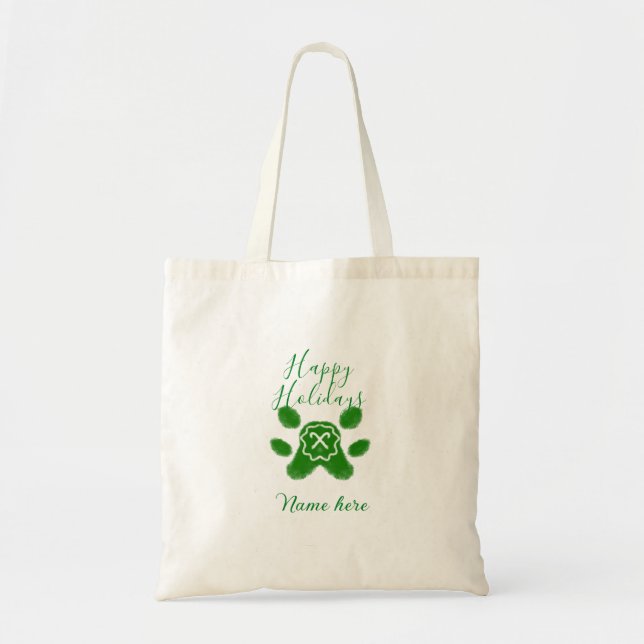Happy holidays green dog pet paw candy cane animal tote bag (Front)