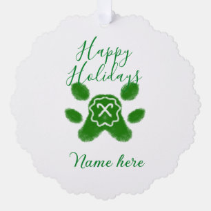 Happy holidays green dog pet paw candy cane animal tree decoration card