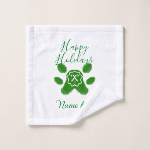 Happy holidays green dog pet paw candy cane animal wash cloth
