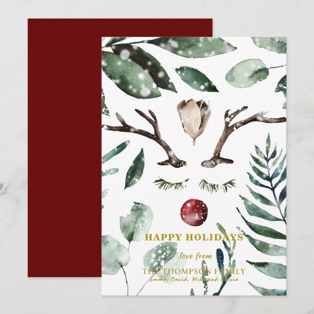 HAPPY Holidays | Green Foliage Reindeer Magnolia Holiday Card (Front/Back)