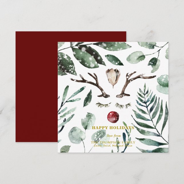 HAPPY Holidays | Green Foliage Reindeer Square Holiday Card (Front/Back)