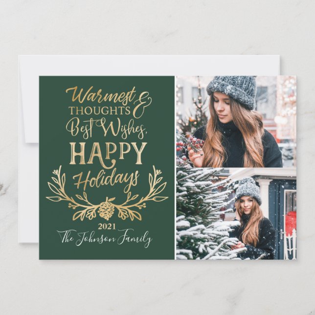 Happy Holidays Green & Gold Festive family Photos Holiday Card (Front)