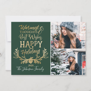 Happy Holidays Green & Gold Festive family Photos Holiday Card